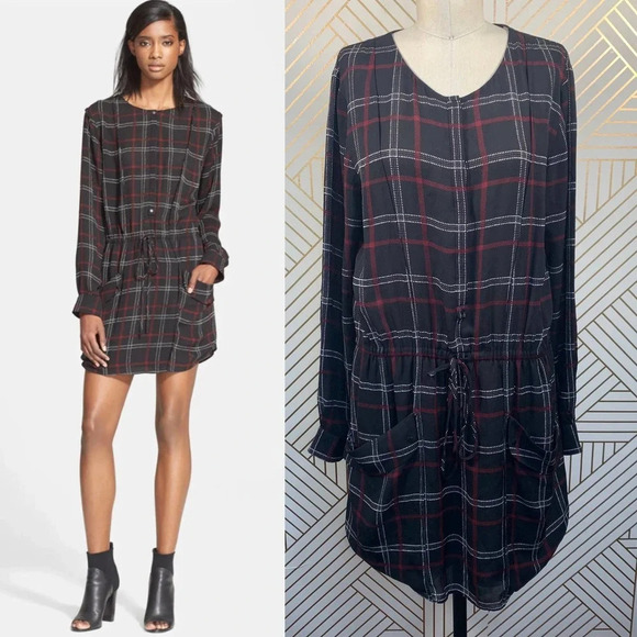 ALC A.L.C. Simona Shirt Dress Long Sleeve Check‎ Plaid Silk Black Red Size 10 - Picture 1 of 12